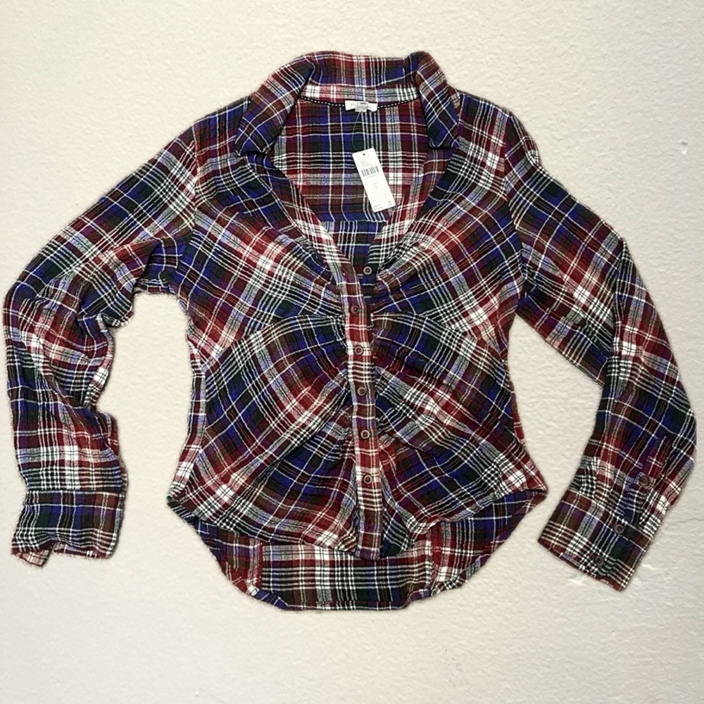 Pilcro Ruched Deep-V Plaid Buttondown in Navy, Size Small